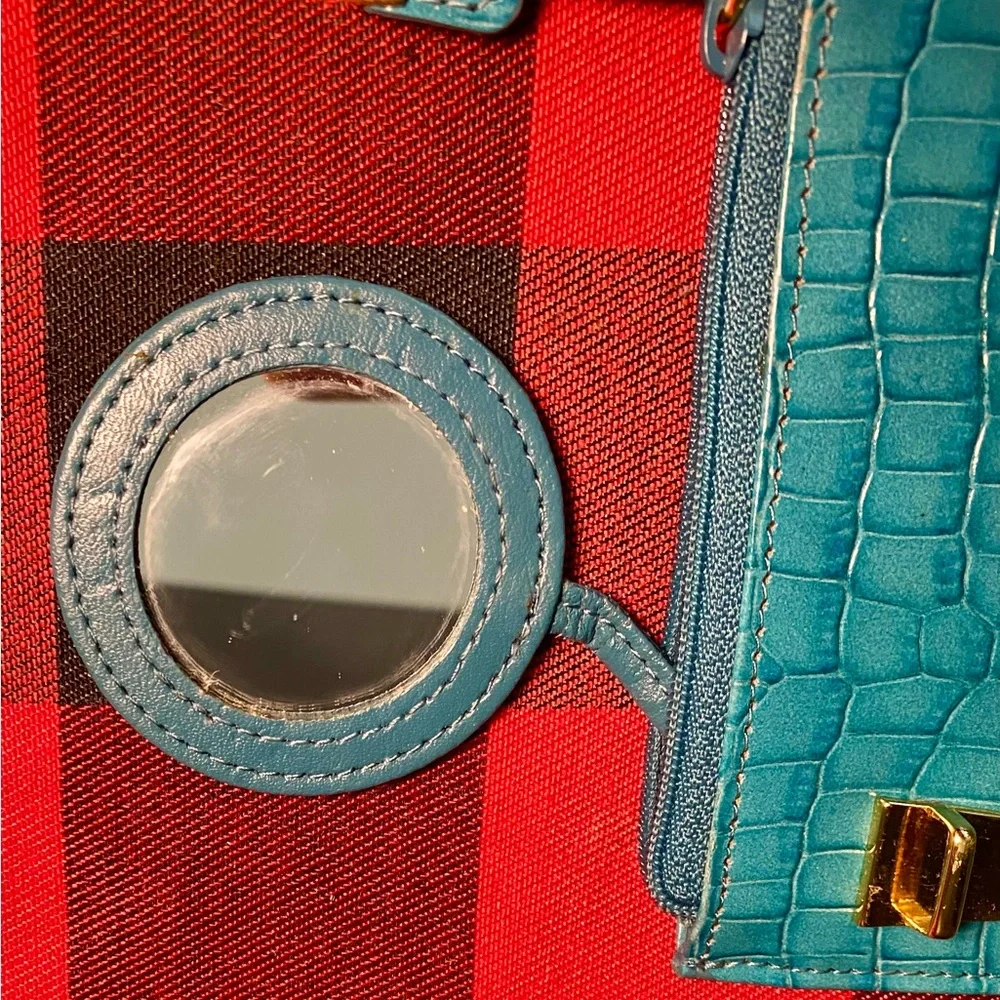 Etienne Aigner Teal Croc-Embossed Card Holder with Mirror Attached & Gold Accent